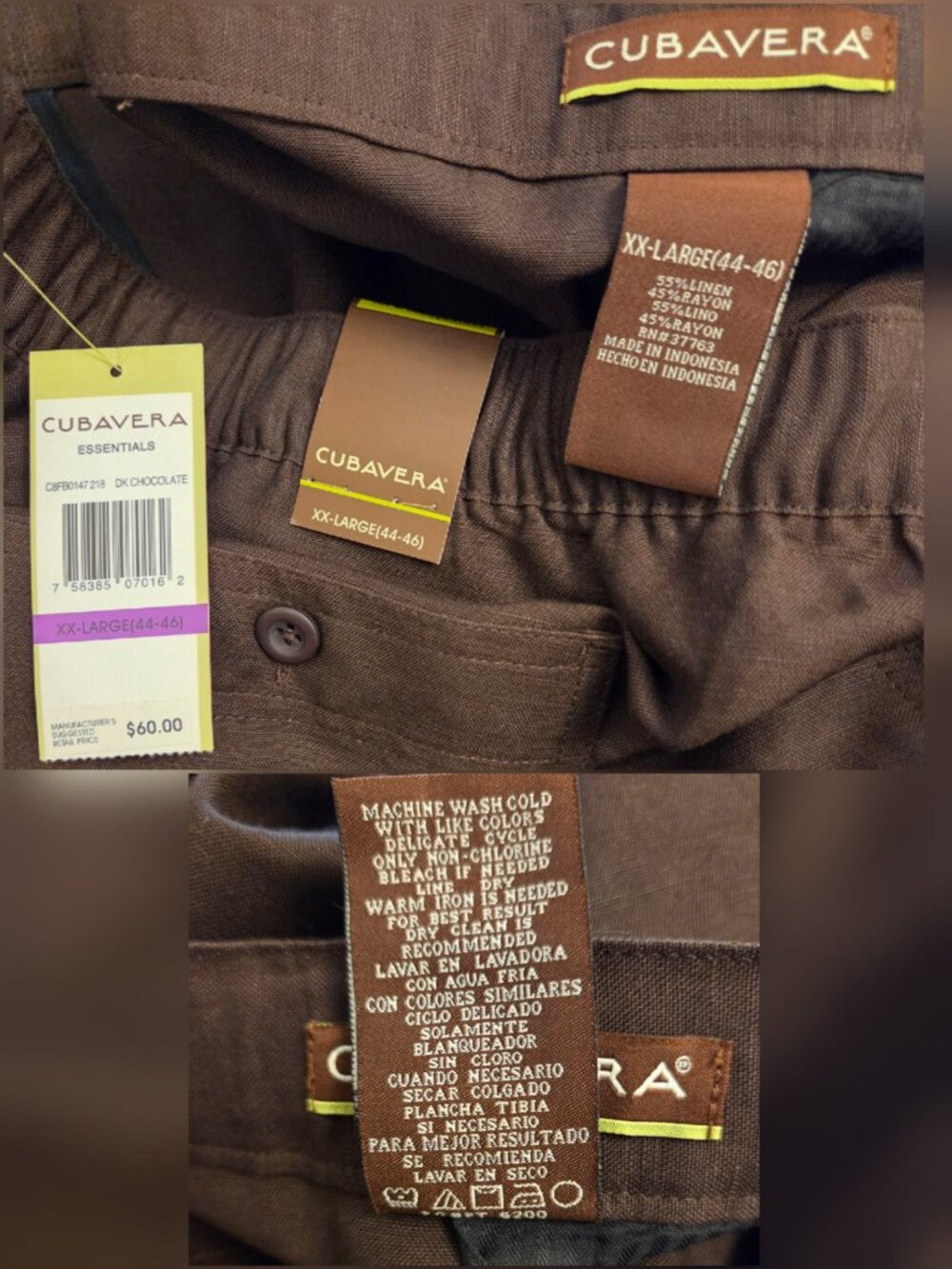 NWT Cubavera Men’s Chocolate Brown Linen Blend Drawstring Pants - XXL (44-46) - Picture 9 of 14